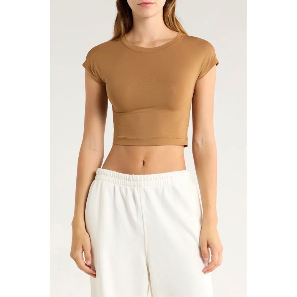 Free People Movement Womens Crop Top Cap‎ Sleeve Camel Brown Small